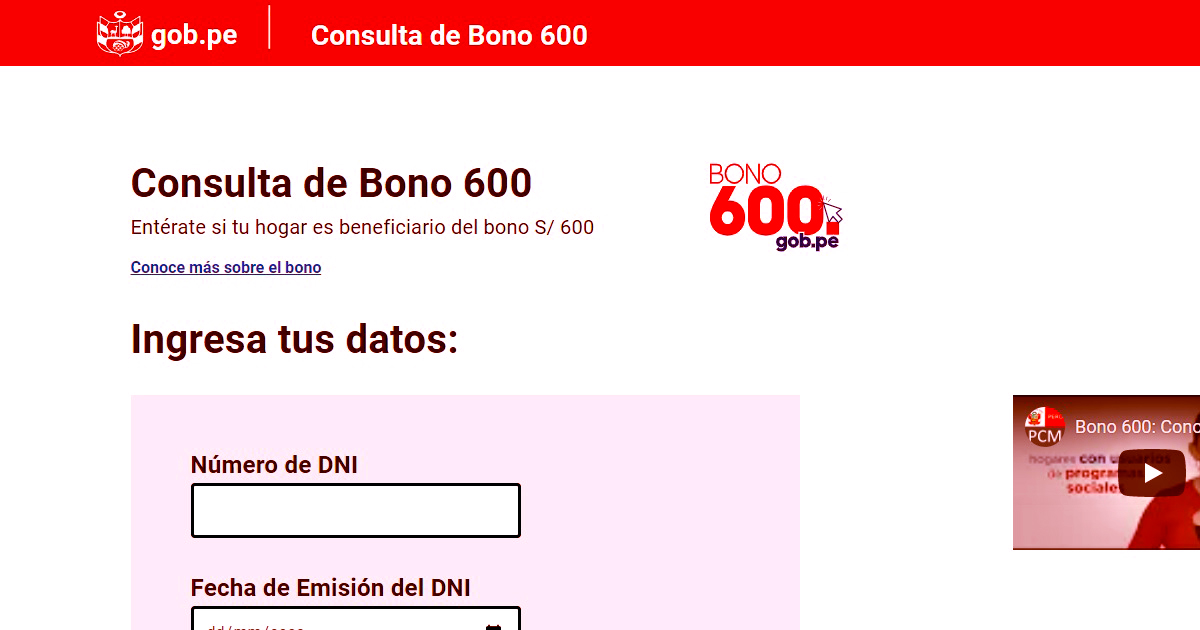 PLATAFORMA OFICIAL DE CONSULTA DEL BONO 600